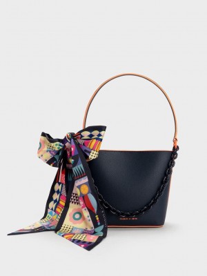 Charles & Keith Alcott Scarf Bucket Bag Navy | KUDZ53087