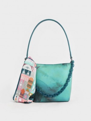 Charles & Keith Alcott Scarf Bucket Bag Türkis | TDNL50673