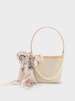 Charles & Keith Alcott Scarf Canvas Bucket Bag Beige | BKGT95037