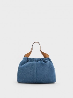 Charles & Keith Ally Denim Ruched Slouchy Chain-Handle Bag Blau | FWPE38905