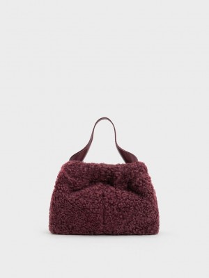 Charles & Keith Ally Furry Slouchy Chain-Handle Bag Bordeaux | BNVO04768