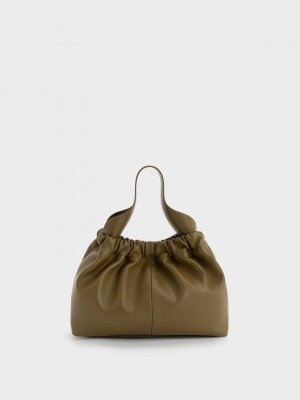 Charles & Keith Ally Ruched Slouchy Chain-Handle Bag Khaki | ZSKM82497