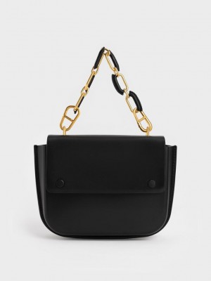 Charles & Keith Amber Chain Handle Push-Lock Handbag Schwarz | VTCU64573