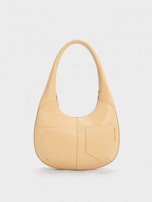 Charles & Keith Anthea Contrast-Trim Curved Hobo Bag Beige | NJTL18496