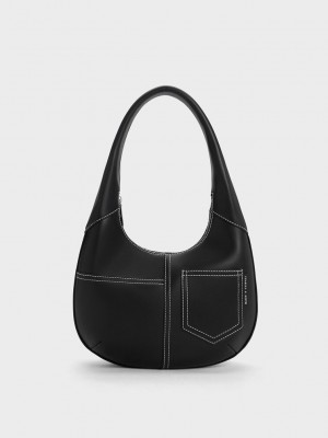 Charles & Keith Anthea Contrast-Trim Curved Hobo Bag Schwarz | JAWT29584