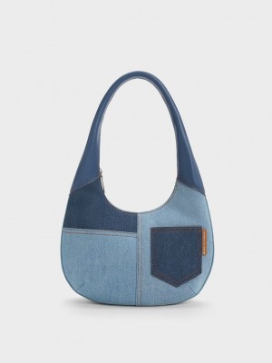 Charles & Keith Anthea Denim Contrast-Trim Curved Hobo Bag Blau | EBJH29463