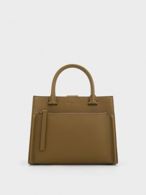 Charles & Keith Anwen Structured Tote Bag Khaki | YZSE47062