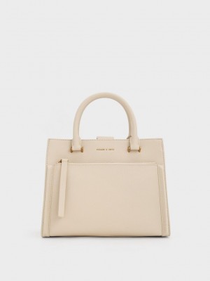 Charles & Keith Anwen Structured Tote Bag Beige | TWBP15897