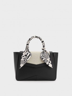 Charles & Keith Arley Canvas Scarf-Wrapped Top Handle Bag Schwarz | RIUL18390