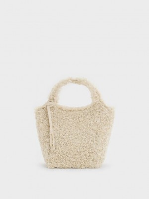 Charles & Keith Arlys Furry Tote Bag Beige | CTZS35728