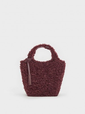 Charles & Keith Arlys Furry Tote Bag Bordeaux | PUER32059