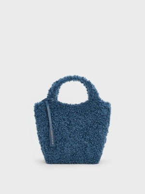 Charles & Keith Arlys Furry Tote Bag Navy | IXOW89652