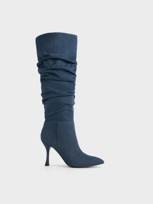 Charles & Keith Aster Denim Ruched Knee-High Boots Blau | MKQX37852