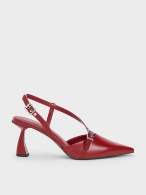 Charles & Keith Asymmetric Curved Heel Slingback Pumps Rot | OQWI42680
