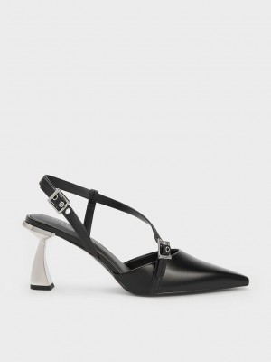 Charles & Keith Asymmetric Curved Heel Slingback Pumps Schwarz | UGKQ79154