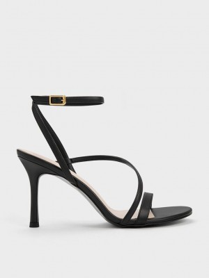 Charles & Keith Asymmetric Riemchen Absatz Sandals Schwarz | OVCJ37541