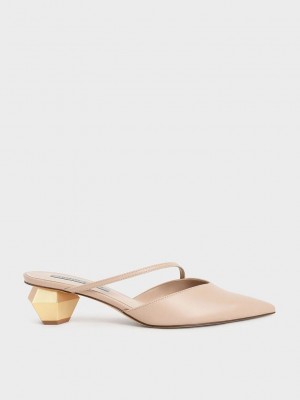 Charles & Keith Asymmetric Riemen Chrome Heel Mules Hellrosa | UTIB67803
