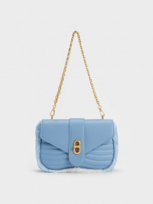 Charles & Keith Aubrielle Fur-Trim Panelled Crossbody Bag Hellblau | QBUL59160