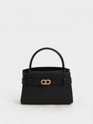 Charles & Keith Aubrielle Metallic-Schnallen Top Handle Bag Schwarz | CBDV39486