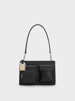 Charles & Keith Austen Multi-Pocket Shoulder Bag Schwarz | QBWF57306