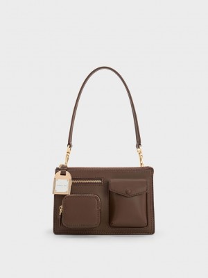 Charles & Keith Austen Multi-Pocket Shoulder Bag Dunkelbraun | DPIM36872