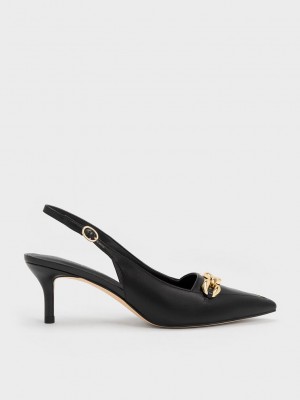 Charles & Keith Avani Chunky Chain-Embellished Slingback Pumps Schwarz | LDKP98516