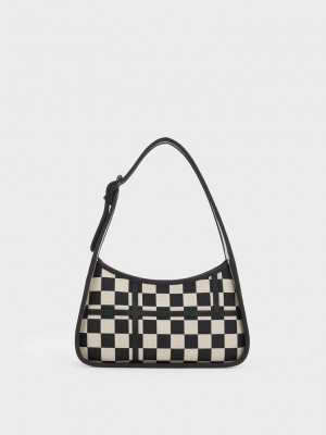 Charles & Keith Avenue Checkered Trapeze Shoulder Bag Schwarz | JUCD23906
