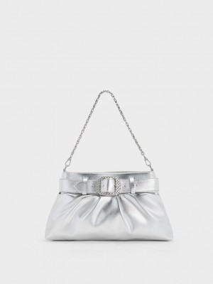 Charles & Keith Avis Metallic Belted Ruched Shoulder Bag Silber | PEMS47306