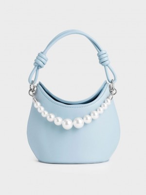 Charles & Keith Bead-Embellished Knotted Handle Bag Hellblau | QFNT93816