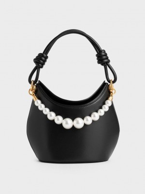 Charles & Keith Bead-Embellished Knotted Handle Bag Schwarz | BQCP41720