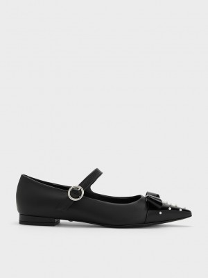 Charles & Keith Bead-Embellished Leder Bow Mary Jane Flats Schwarz | KDQW80319