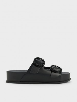 Charles & Keith Beaded Circle Badelatschen Sandals Schwarz | SNEK17056
