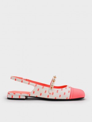 Charles & Keith Beaded Flower Printed Slingback Flats Koralle Rosa | TCBN08761