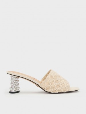Charles & Keith Beaded Heel Crochet Mules Weiß | YWRP89251
