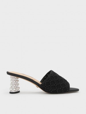 Charles & Keith Beaded Heel Crochet Mules Schwarz | CBLZ96251