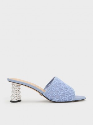 Charles & Keith Beaded Heel Crochet Mules Blau | AHXK67095