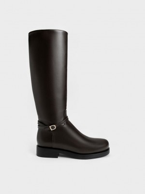 Charles & Keith Belted Knee-High Boots Dunkelbraun | VPEL52804