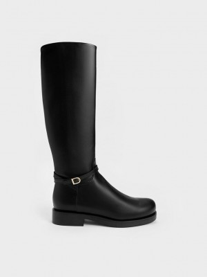 Charles & Keith Belted Knee-High Boots Schwarz | PIQB64927