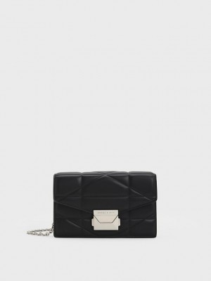 Charles & Keith Blanche Chevron Chain-Riemen Clutch Schwarz | UKQB95076