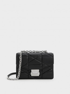 Charles & Keith Blanche Chevron Chain Handle Bag Schwarz | XGTP20786