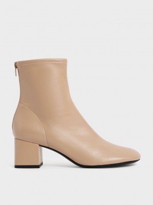 Charles & Keith Block Heel Ankle Boots Beige | FMOR42301
