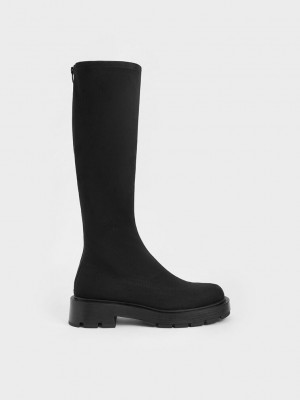 Charles & Keith Block Heel Textured Knee-High Boots Schwarz | RDEG59120