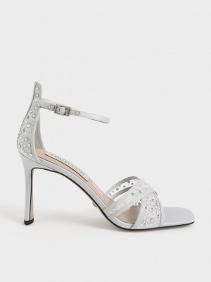 Charles & Keith Blythe Mesh & Satin Embellished Sandals Silber | ZREH84795