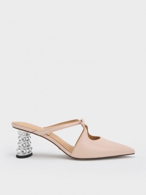 Charles & Keith Bow Crossover Gem-Embellished Mules Beige | JGOS78406