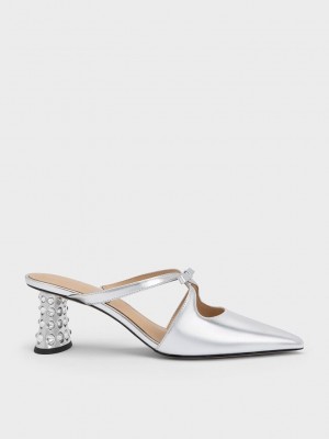 Charles & Keith Bow Crossover Gem-Embellished Mules Silber | ROKS23671