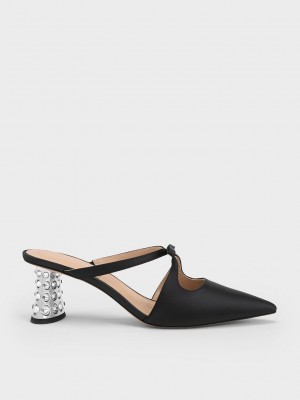 Charles & Keith Bow Crossover Gem-Embellished Mules Schwarz | RLDQ91054