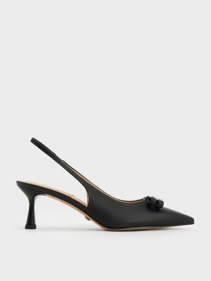 Charles & Keith Bow Crystal-Embellished Leder Slingback Pumps Schwarz | PCDA25917