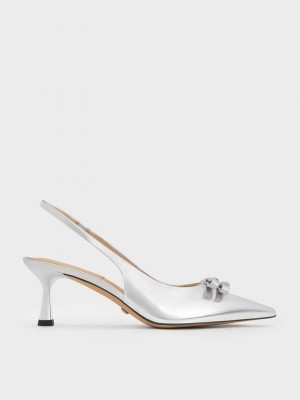 Charles & Keith Bow Crystal-Embellished Metallic Leder Slingback Pumps Silber | DYSQ87659