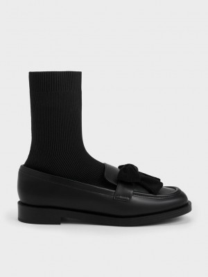Charles & Keith Bow Gestrickt Sock Loafer Boots Schwarz | MCZP07918
