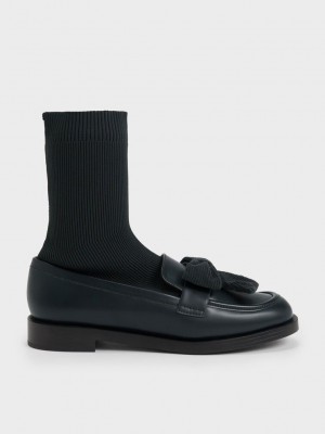 Charles & Keith Bow Gestrickt Sock Loafer Boots Dunkelgrün | LHQV90341